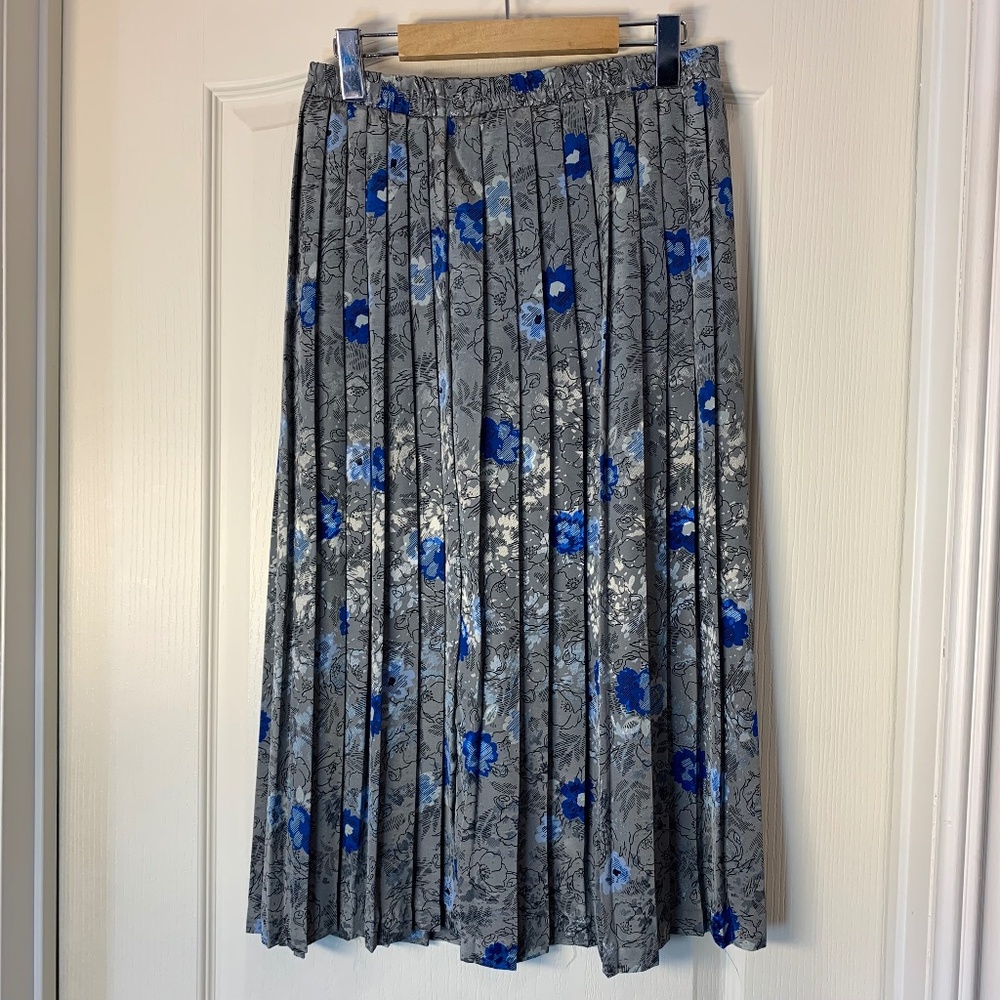 Vintage Pleated Floral Skirt Grey &‎ Blue Shimmer High Waist Retro Midi 80s
